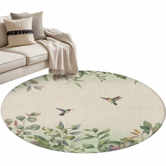 Watercolor Plant Round Area&nbsp;Rug 3ft Hummingbird Green Leaf Linen Texture Non-Slip&nbsp;Washable Circle Rugs Soft Felt Indoor Floor Mat for Bedroom Kitchen Living Room Bathroom