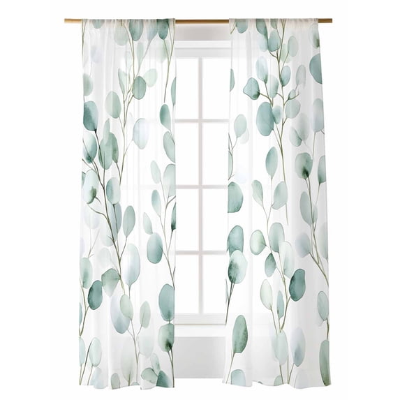 Watercolor Plant Sheer Curtains 2 Panels Set Green Eucalyptus Leaf Farm Lihgt Filtering Rod Pocket Voile Drape, Semi Sheer Window Curtains for Bedroom Living Room, 52"x96"