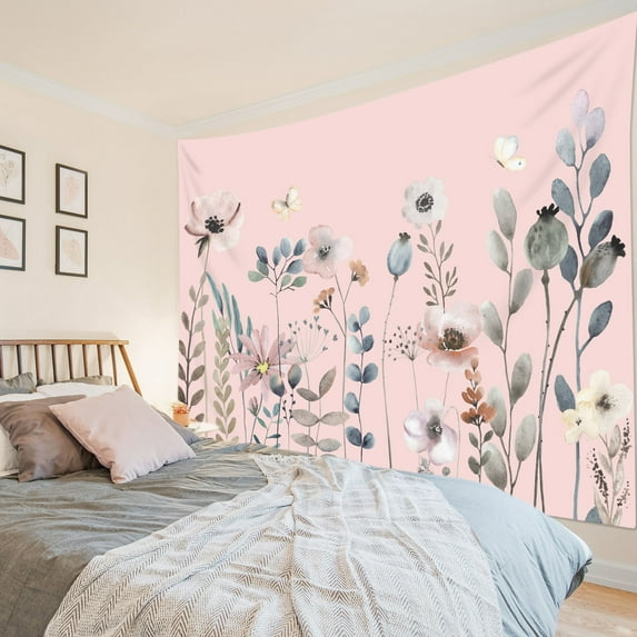 Watercolor Plant Tapestry Wall Hanging Wildflower and Butterfly Grey Eucalyptus Leaf on Pink Wall Tapestry for Bedroom Aesthetic Country Tapestry for Living Room College Dorm Decor,92.5Wx70.9H inch