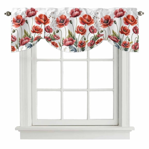 Watercolor Plant Tie Up Valances Curtain, Red Poppy Floral Decoration Adjustable Rod Pocket Short Window Treatment Tie Up Curtains Valances for Kitchen Living Room Bathroom 60x18 Inches
