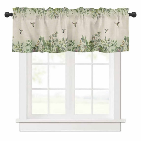 Watercolor Plant Valances for Windows Hummingbird Green Leaf Linen Texture Rod Pocket Curtain Valance Window Treatment Short Curtains for Kitchen Living Room, 60"x18"
