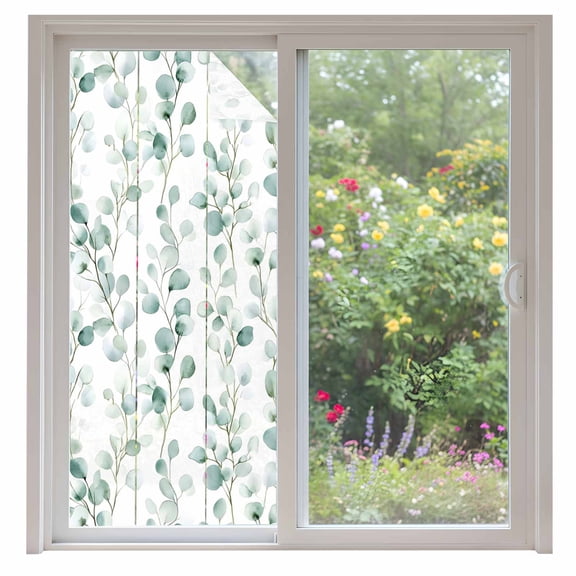 Watercolor Plant Window Privacy Film Green Eucalyptus Leaf Farm Decorative Glass Window Film UV Blocking Static Cling Non-Adhesive Sticker Covering for Home Door 35.4x78.7 inches