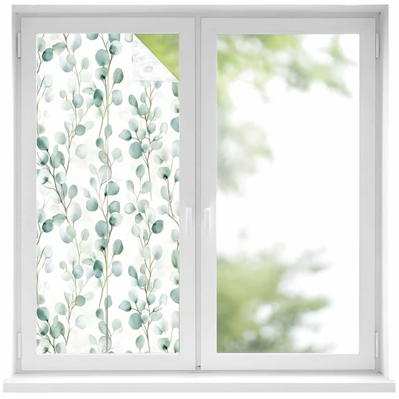 Watercolor Plant Window Privacy Film Green Eucalyptus Leaf Farm Decorative Glass Window Film UV Blocking Static Cling Non-Adhesive Sticker Covering for Home Door 19.6 x 39.3 inches