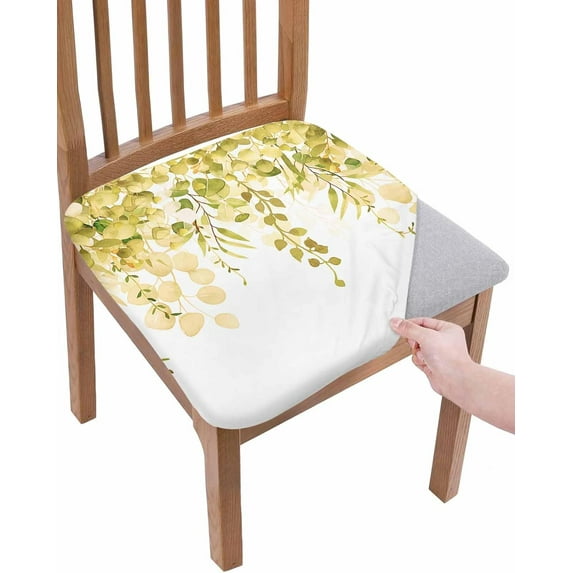 Watercolor Plants Chair Seat Covers for Dining Room Stretch Chair Seat Covers Set of 6, Chair Seat Protector Cushion Slipcovers for Kitchen Restaurant Office Retro Spring Yellow Eucalyptus Leaves