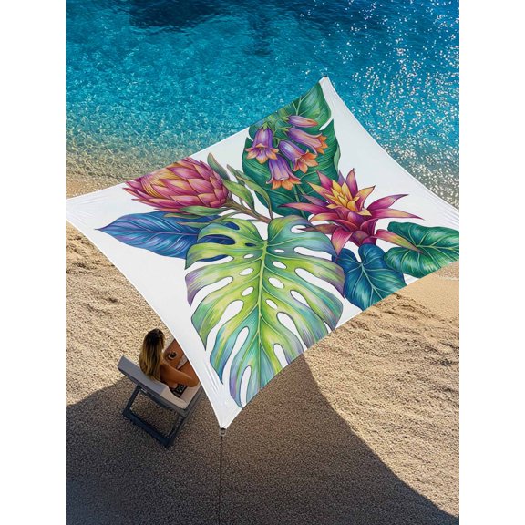 Watercolor Plants Floral Sun Shade Sail 6.5' x 10', Colorful Purple Ringing Flower Pineflower Rectangle Outdoor Sunshade Canopy, Waterproof UV Block Patio Covers for Garden Yard Beach