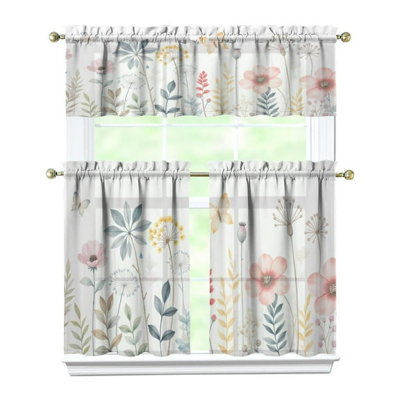 Watercolor Plants and Flowers1(1) Kitchen Curtain Valance 3 Piece Home Curtains and Valance Set Curtain Sink Window Decor Window Treatment Tier 27.5x36 Length