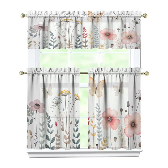 Watercolor Plants and Flowers2(1) Kitchen Curtain Valance 3 Piece Home Curtains and Valance Set Curtain Sink Window Decor Window Treatment Tier 27.5x36 Length