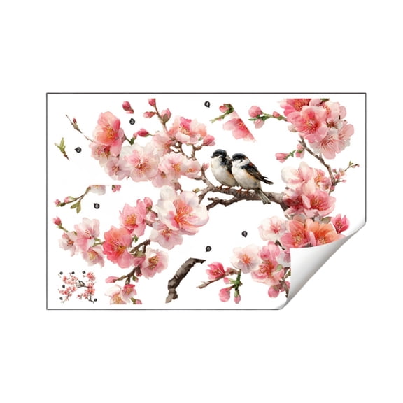 Watercolor Plum Blossom Branch with Birds Wall Decal, 19.1in x 22.4in Floral Wall Sticker for Bedroom Living Room TV Background Home Decor, Vinyl Art