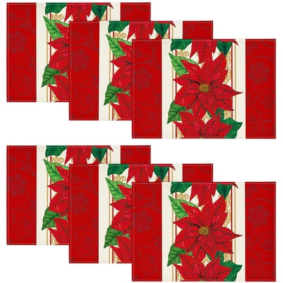 Watercolor Poinsettia Red Christmas Placemats Set of 6, 12x18 Inch Seasonal Winter Christmas Table Mats for Party Kitchen Dining Decoration
