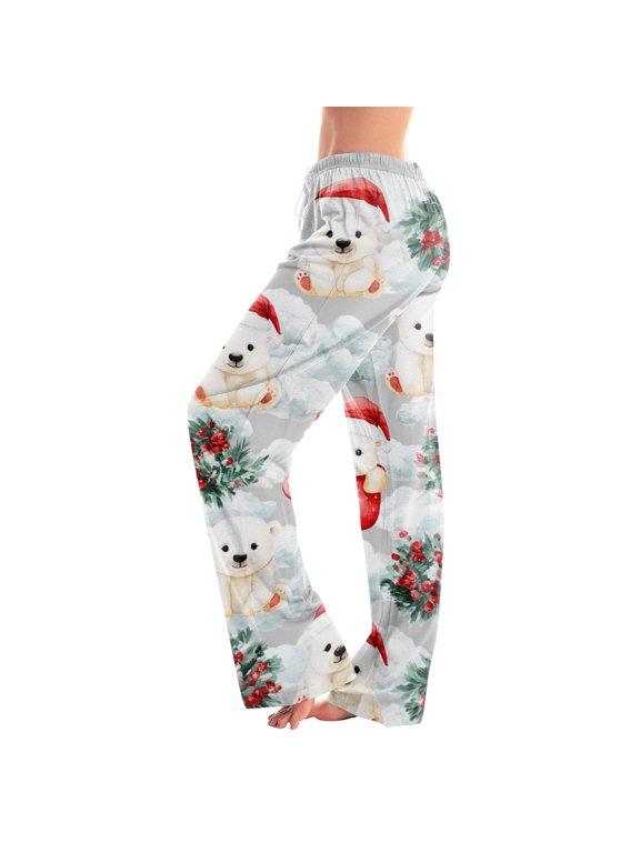 Watercolor Polar Bear Christmas Print Loungewear Pants, Elastic Waist Drawstring Casual Sleep Trousers for Home Relaxation, Xmas Holiday Vacation Daily Wear