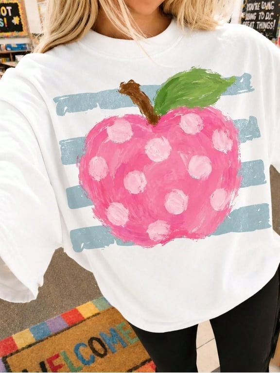 Watercolor Polka Dot Apple Graphic Crew Neck Tee Y2K Cute Back To School Top