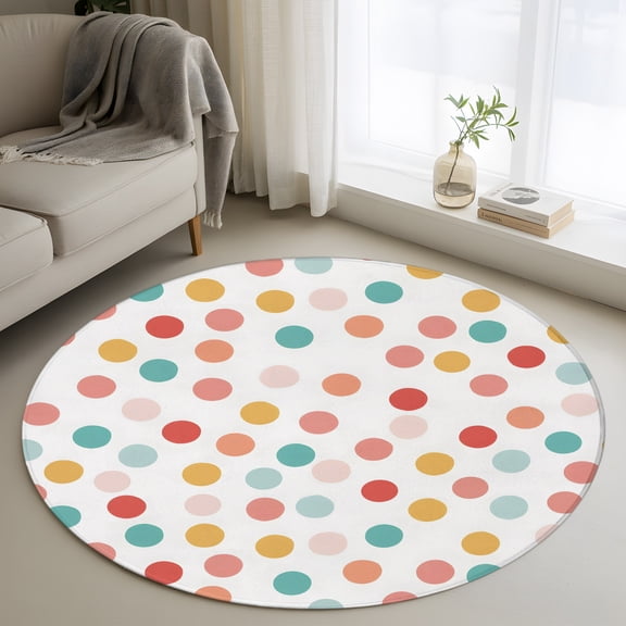 Watercolor Polka Dots 3FT Round Area Rug Boho Retro Orange Teal Red Dot Soft Small Round Rugs Non-Slip, Ultra-Thin Washable Rug Low Pile Circle Carpet for Bedroom Kitchen Nursery