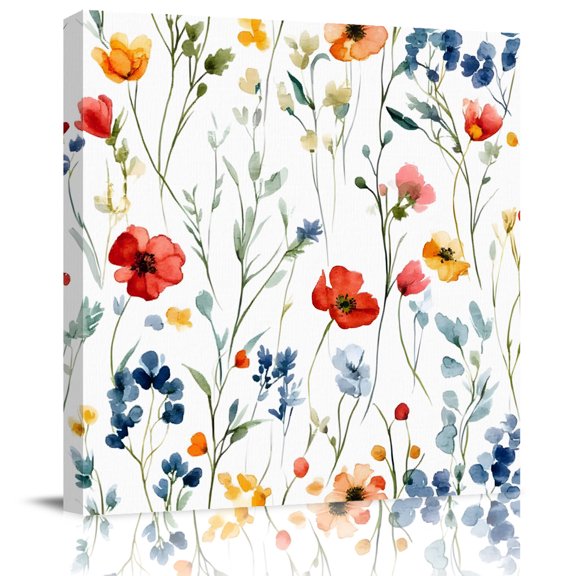 Watercolor Poppies Flower Leaves on White Canvas Artwork Painting Art, Spring Botanical Square Framed Wall Decorations Prints Picture for Bedroom Kitchen Living Room, 16x16 in