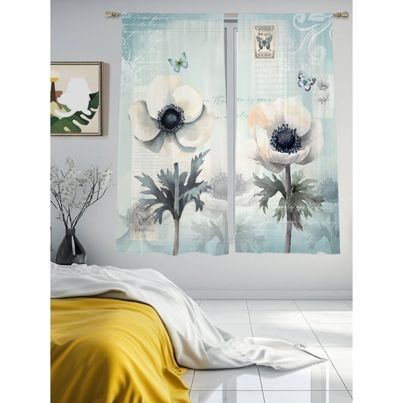 Watercolor Poppy Flower Butterfly Sheer Curtains 2 Panels Set Vintage Letter Texture Lihgt Filtering Rod Pocket Voile Drape,Semi Sheer Window Curtains for Bedroom Living Room,52"x63"