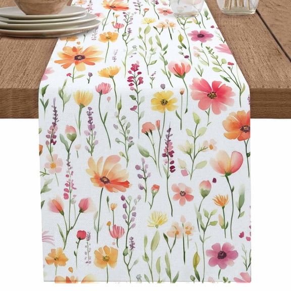 Watercolor Poppy Flower Leaves Table Runner-70 Inch Long Country Floral Plant Table Runners Linen Burlap Tablerunner for Kitchen Dining Room Holiday Party