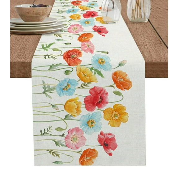 Watercolor Poppy Flower Table Runner Cotton Linen Wedding Dinner Decor Table Flag Tea Table Decoration