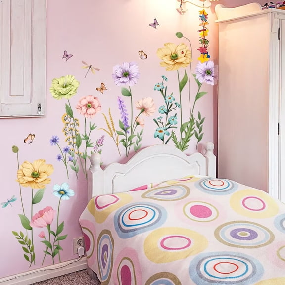 Watercolor Poppy Flower Wall Decals Garden Floral Wall Stickers Colorful Wildflower Butterfly Wall Art Decor Removable Boho Wisteria Peel and Stick Wall Murals for Kids Bedroom Nursery Home Decoratio