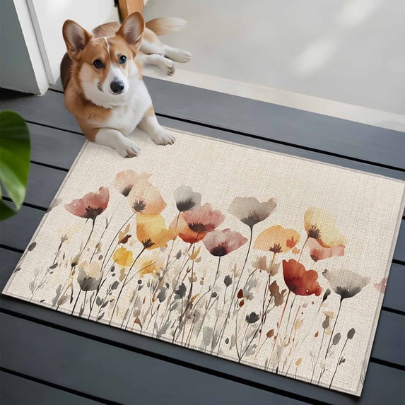 Watercolor Poppy Front Door Rug 2x3 ft Spring Flowers Retro Small Rug for Entryway Non Slip Washable Door Mat Absorbent Floor Mat for Indoor Entrance