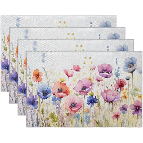Watercolor Poppy Pattern Placemats Set of 4 Linen Fabric Place Mats Heat Resistant Machine Washable Placemats Non-Slip Place Mat for Kitchen Dining Table