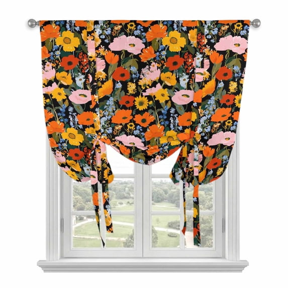 Watercolor Poppy Tie Up Curtains for Windows, Balloon Window Shades, Spring Floral Daisy Tulips Botanical Vintage Kitchen Window Treatments Roll Up Curtain for Basement/Nursery 52"x45"