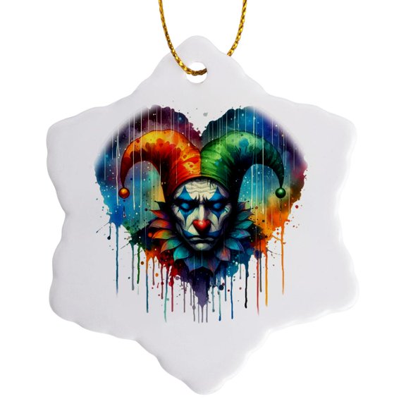 3drose, Watercolor Portrait Illustration of a Sad Jester in the Rain, 3 inch Snowflake Porcelain Ornament