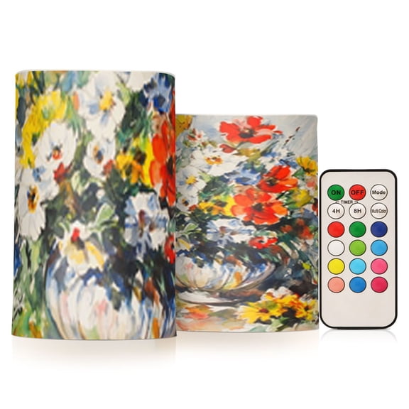 Watercolor Pretty Flowers Flickering Flameless Candles Battery Operated with Remote Timer LED Pillar Candles Set of 2