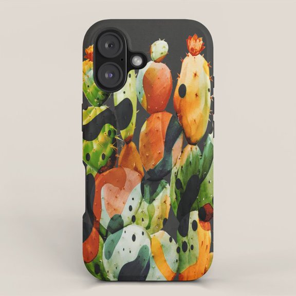 Watercolor Prickly Pear Cactus Tough Case for Apple iPhone, Polycarbonate Shell with TPU Liner, Green and Orange
