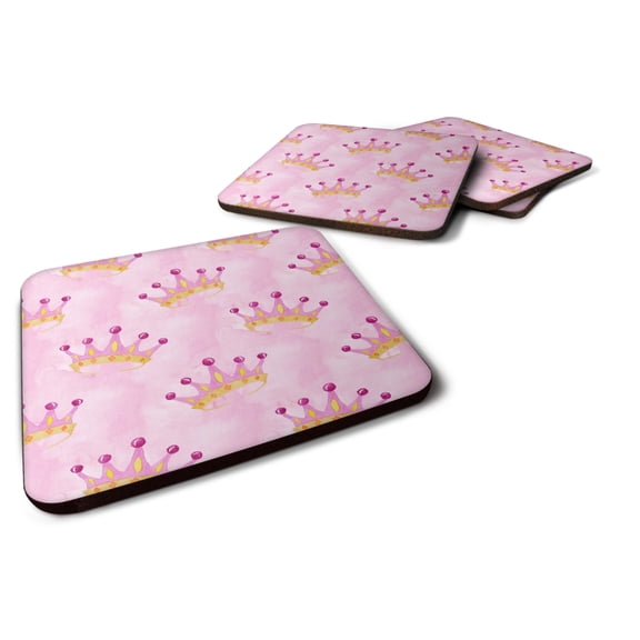Watercolor Princess Crown on Pink Foam Coaster Set of 4