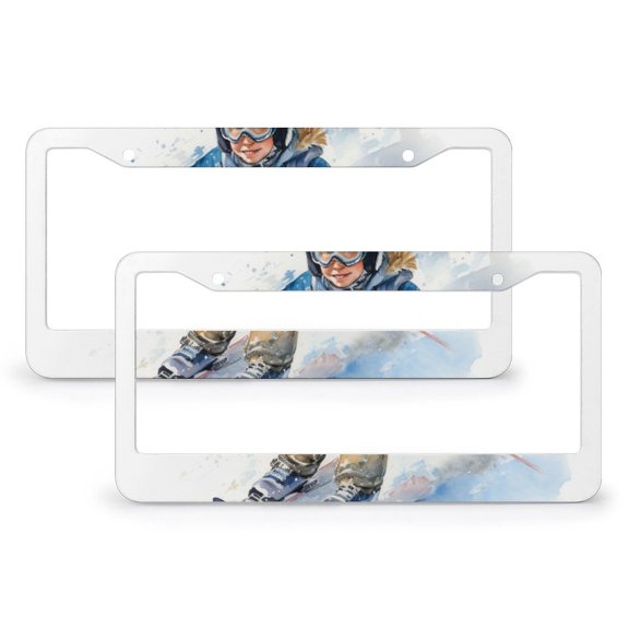 Watercolor Print Boy Skier License Plate Frame 2 Pieces Snowboarder Man Car License Plate Frame Gift for Dad 2 Hole Aluminum Metal License Plate Frames