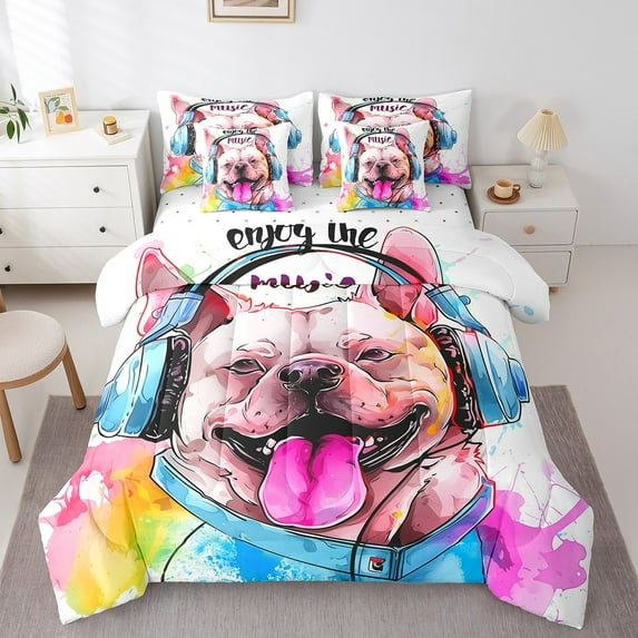 Watercolor Pug Dog Bedding Comforter Sets 7pcs Cute Animal Bed in a Bag, Musical Themed Twin Bedding Sets Rainbow Graffiti Comforter Set, Blue Headphone Bedding Sets & Collections
