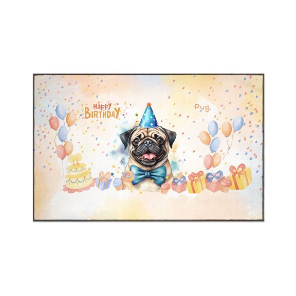 Watercolor Pug Happy Birthday Celebration Balloons Gift Party Indoor Rug Dog Lover Gifts Carpet Living Bed Room Sofa Home Decor - 00028