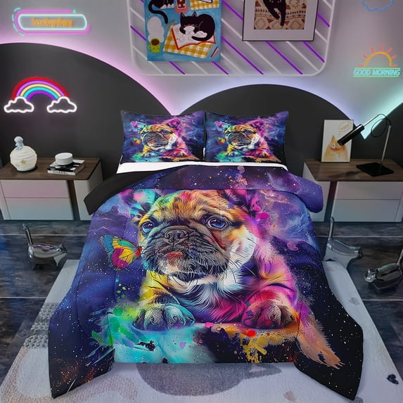 Watercolor Pug King Size Comforter Set Dog Theme Bedding Set, Navy Blue Purple Down Comforter Cute Animal Bed Set , Glitter Stars Galaxy Quilted Duvet
