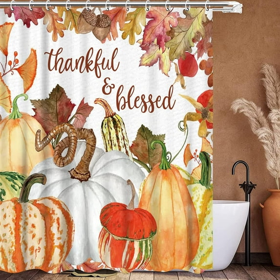 Watercolor Pumpkin Autumn Shower Curtain Set with Hooks Floral Fall Thanksgiving Harvest Bathroom Bathtubs Decor Easy Care Washable Durable Polyester Fabric 72"x72"(White)