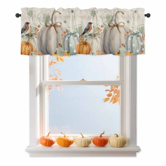 Watercolor Pumpkin Bird Valances for Windows, 54 x 18in, Hello Fall Farmhouse Thanksgiving Rod Pocket Kitchen Valance Curtain Light Filtering Window Treatments for Living Room Bedroom, 1 Panel