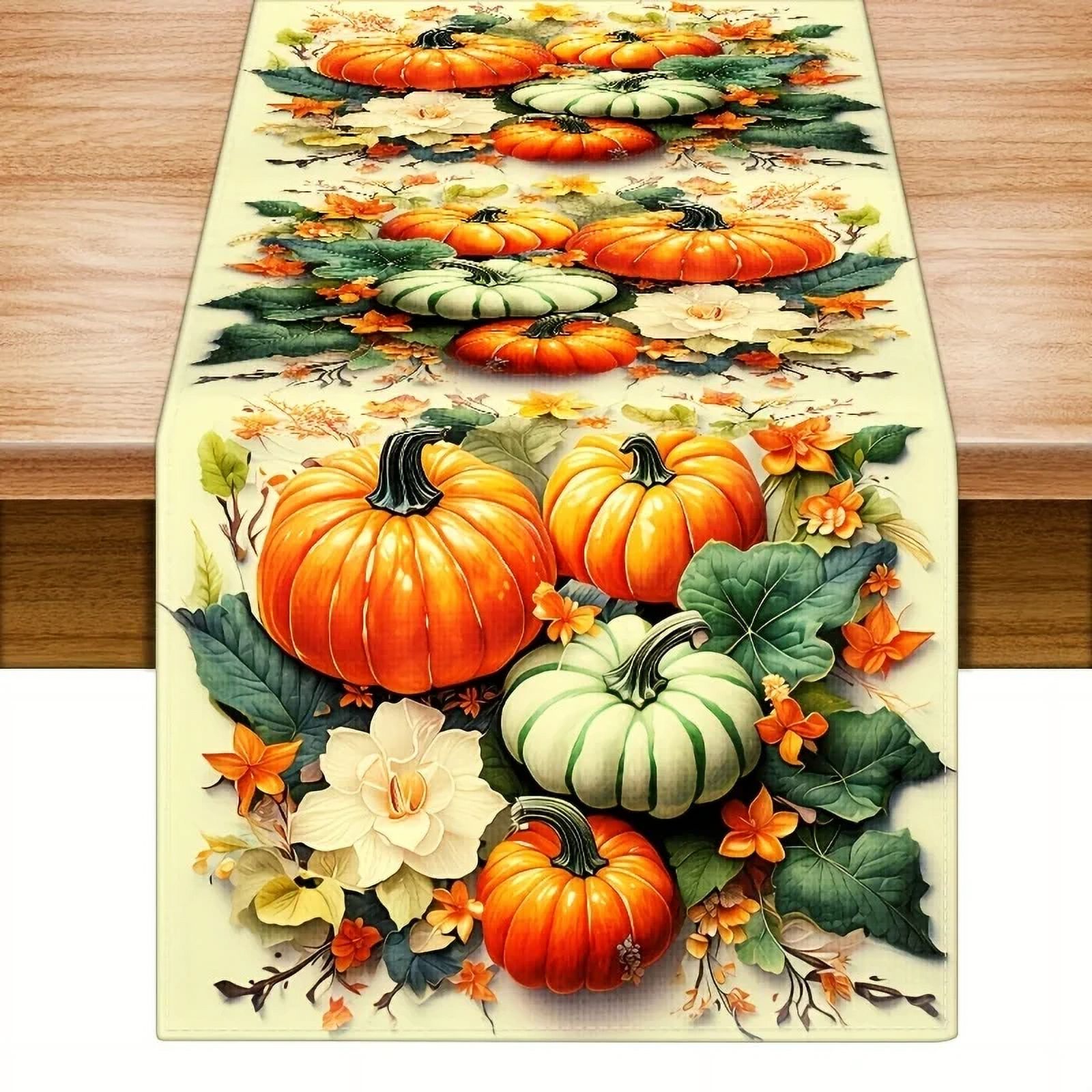 Watercolor Pumpkin Flowers Leaves Autumn Linen Table Runners Fall ...