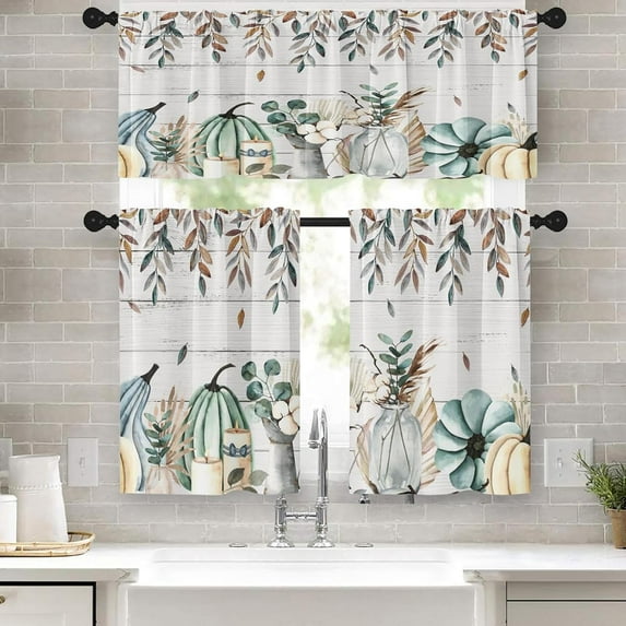 Watercolor Pumpkin Kitchen Curtains Fall Window Curtains Valance and Tier Set 36 Inch, Eucalyptus Leaves Wooden Vintage Rod Pocket Short Tier Curtain for Room, Autumn Small Cafe Kitchen Decor