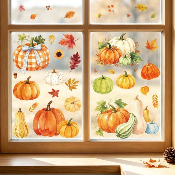 Watercolor Pumpkin Maple Leaf Window Clings, Autumn Harvest Glass Decals for Thanksgiving Home Decor, Reusable Static Sticker