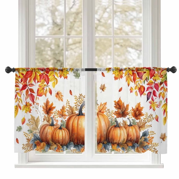 Watercolor Pumpkin Sheer Curtains 54 inches Long, Maple Leaf Fall Thanksgiving Linen Light Filtering Sheer Window Curtains Rod Pocket Voile Drapes for Bedroom Living Room, 52"W x 54"L 2 Panels