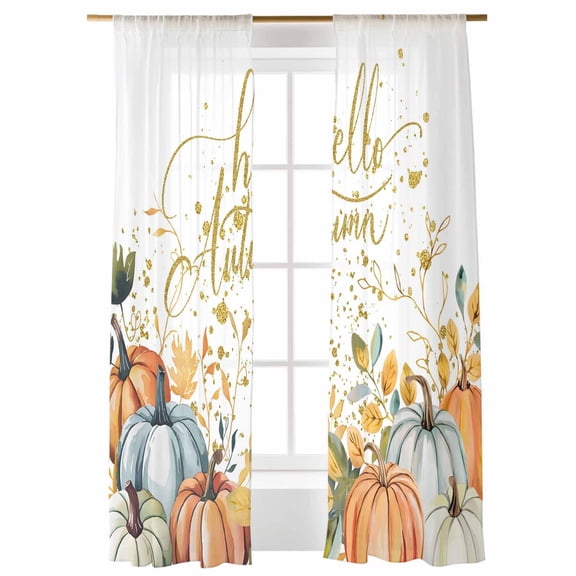 Watercolor Pumpkin Sheer Curtains 84 inches Long, Fall Plant Leaf Thanksgiving Gold Glitter Light Filtering Sheer Window Curtains Rod Pocket Voile Drapes for Bedroom Living Room, 52"W x 84"L 2 Panels
