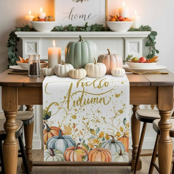 Watercolor Pumpkin Table Runner, Autumn Thanksgiving Kitchen Dining Table Decoration for Home Party Decor 13x108 Inches