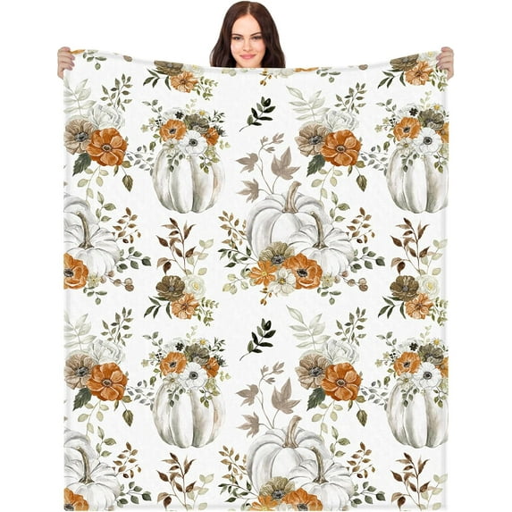 Watercolor Pumpkin Throw Blanket Fall Autumn Flower Outdoor Decorative Orange Flowers Blanket Farmhouse Harvest Decor for Home Sofa Bed Couch