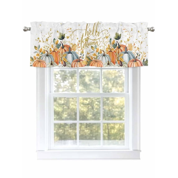 Watercolor Pumpkin Valances for Windows Fall Plant Leaf Thanksgiving Gold Glitter Rod Pocket Curtains Valance Short Window Treatment Drapes for Living Room, Bedroom Bathroom 42" W x 12" L