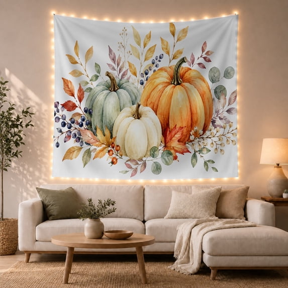 Watercolor Pumpkins and Autumn Leaves on White Background, Cozy Watercolor for Nature Lovers, Harvest Wall Decor, Thanksgiving Gift Tapestry Wall Hanging for Bedroom and Living Room