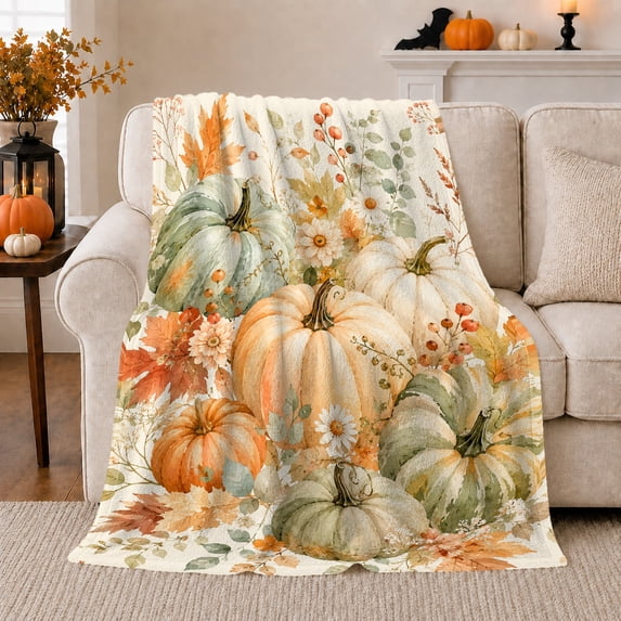 Watercolor Pumpkins with Daisies, Warm Painterly Style for Fall Lovers, Cozy Autumn Harvest Cluster, Flannel Blanket for Living Room and Bedroom, Thanksgiving Gift and Seasonal Home Decor