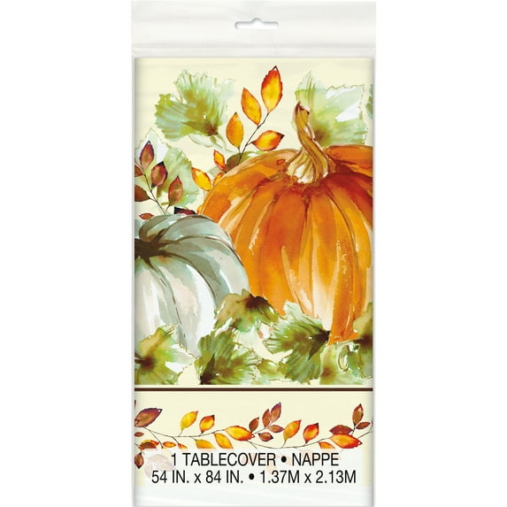 Watercolor Pumpkins Fall Plastic Party Tablecloth, 84 x 54in