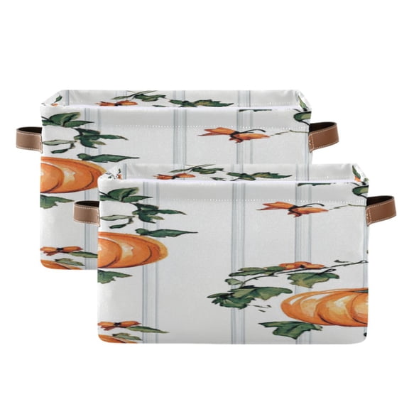 Watercolor Pumpkins Leaves Vertical Stripes Square Storage Bins with Handles Collapsible Containing Box 2 Packs