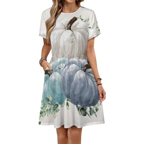 Watercolor Pumpkins White Blue Dress Summer Street Style Dresses Female Short Sleeve Printed Sundress
