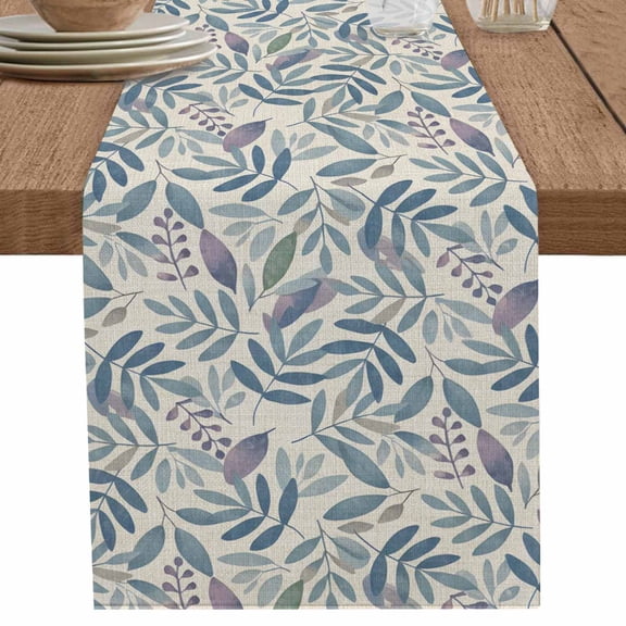 Watercolor Purple Blue Leaves on Retro Linen Table Runner-70 Inch Long Summer Leaf Table Runners Linen Burlap Tablerunner for Kitchen Dining Room Holiday Party