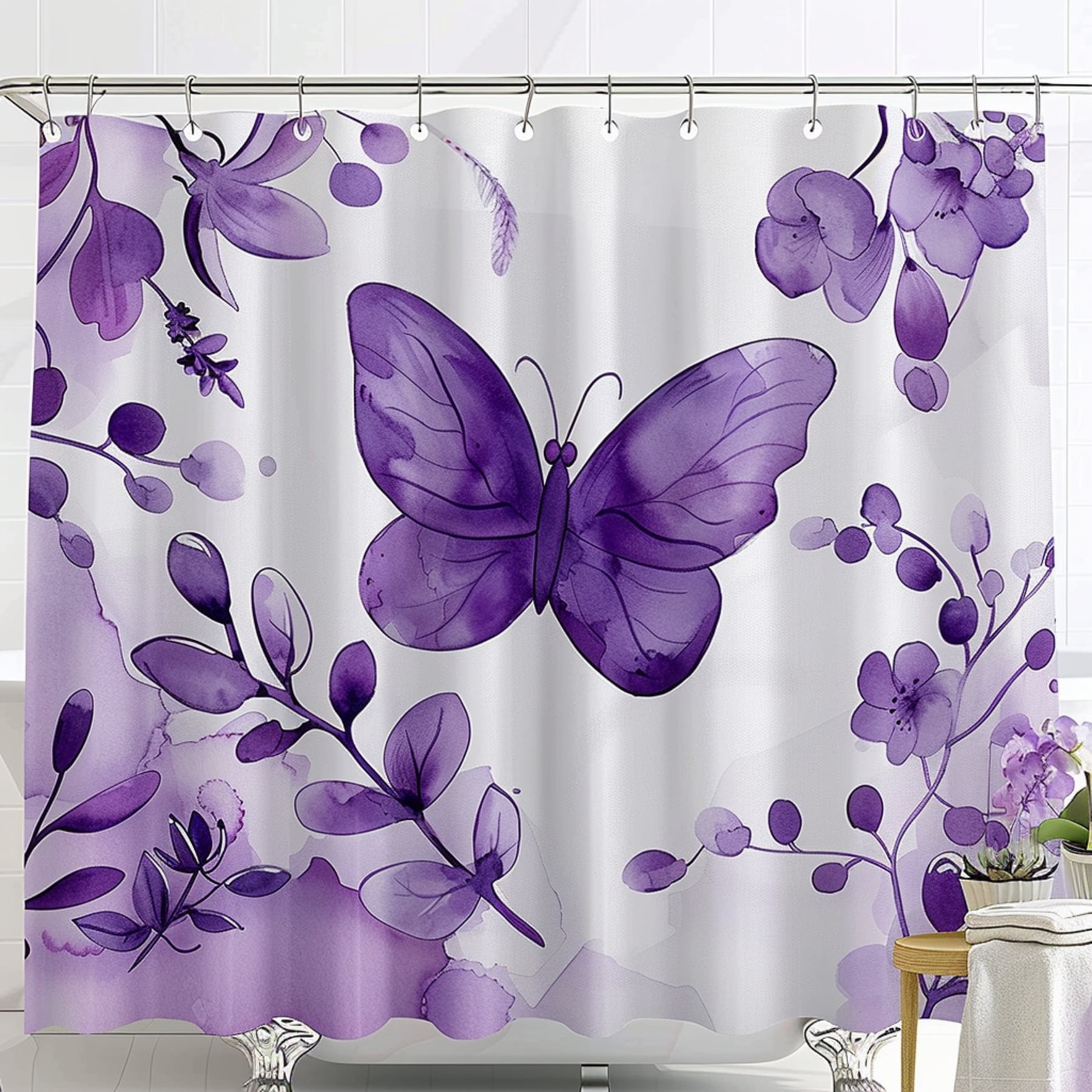 Watercolor Purple Butterfly Floral Shower Curtain Elegant Romantic Bathroom Decor Details White 9541