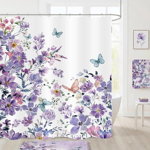 Watercolor Purple Floral Butterfly Shower Curtain Lilac Wildflower Lavender Plant Botanical Bathroom Curtain Waterproof Polyester Fabric Bath Curtain 72 x 72 Inch with 12 Hooks
